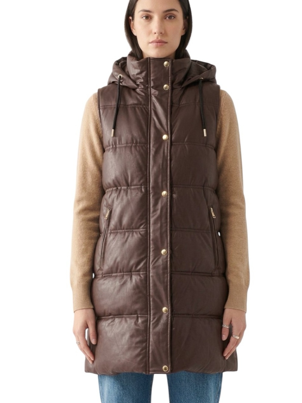 DEX Hooded Longline Vegan Puffer Vest Brown Size L